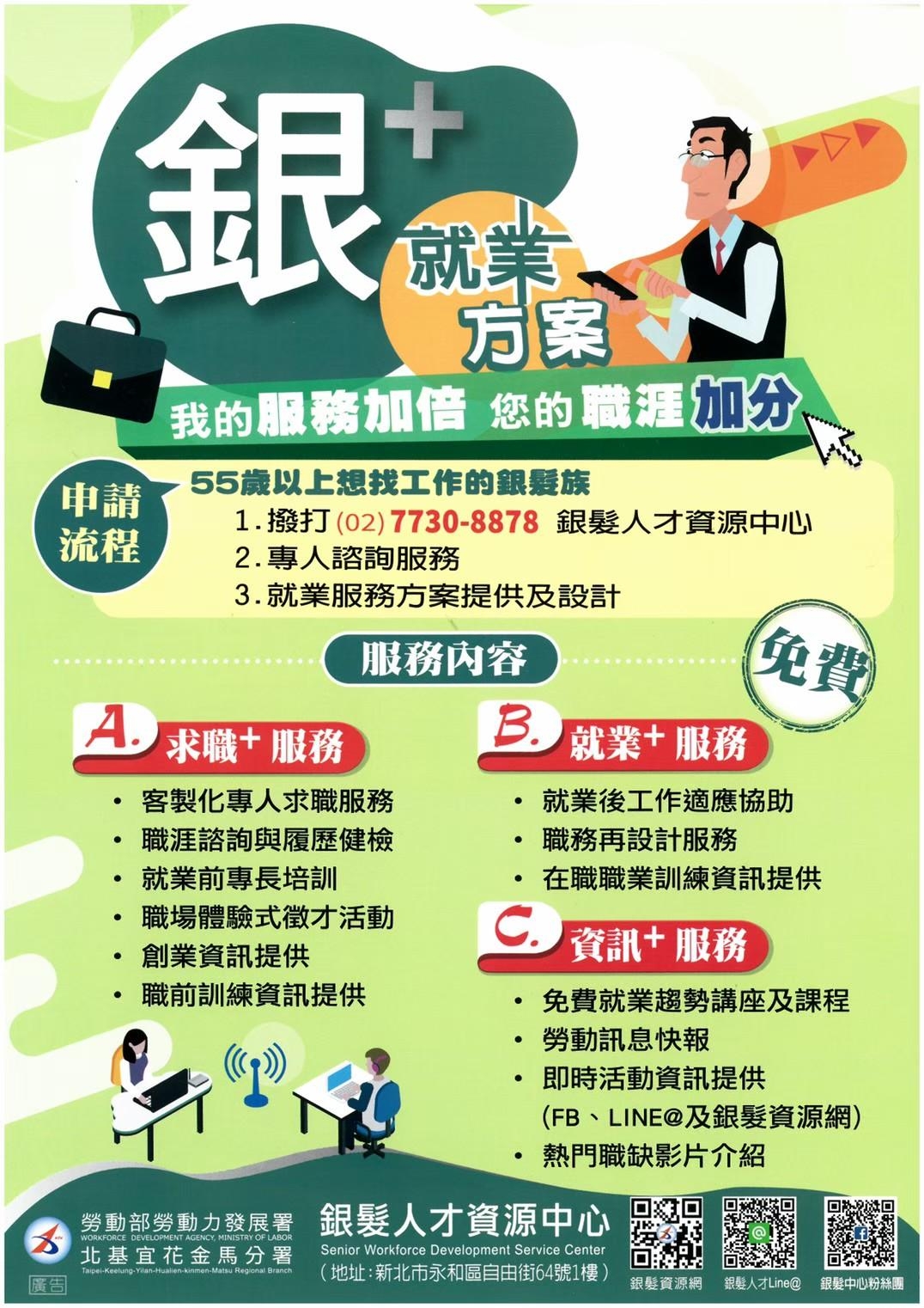 銀髮就業服務方案三大服務：包括求職服務、就業服務、資訊服務等